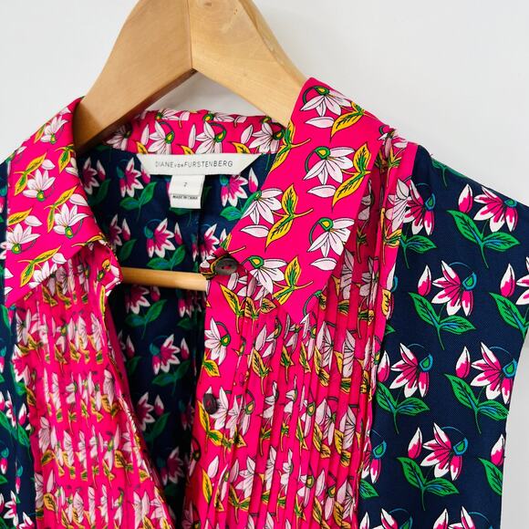 Diane Von Furstenberg Silk Sleeveless Pink Blue Colorful Floral Dress Women's 2 - Picture 6 of 7